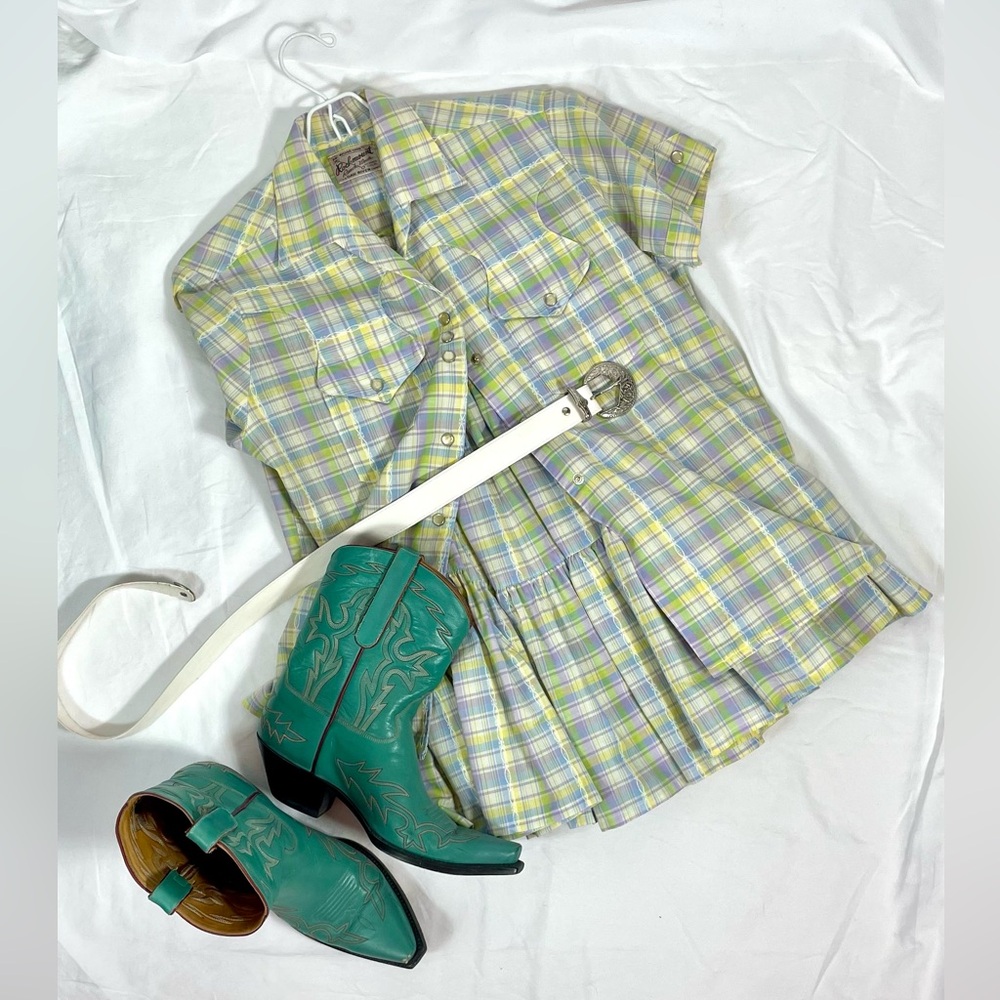 Vintage Rockmount Ranchwear 50s Pastel Plaid Short Sleeve Shirt and Skirt Set